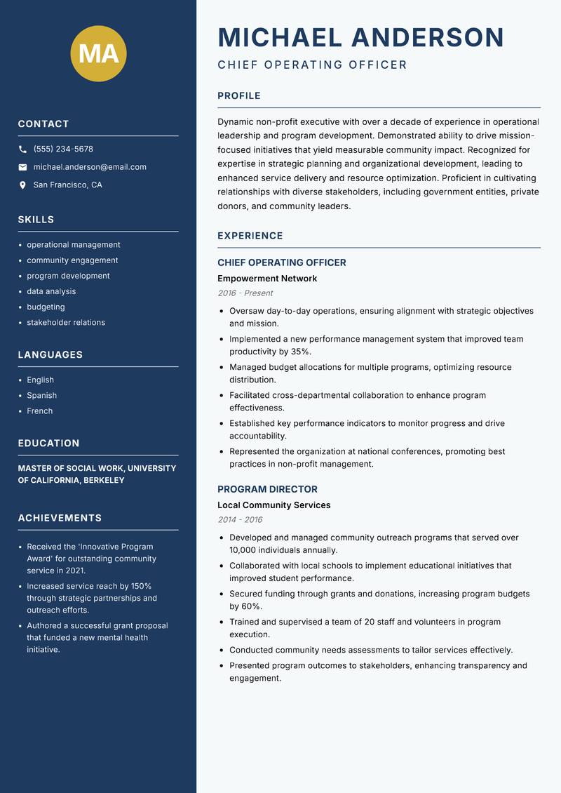 Director of Non-Profit Management resume template — Classic Clean
