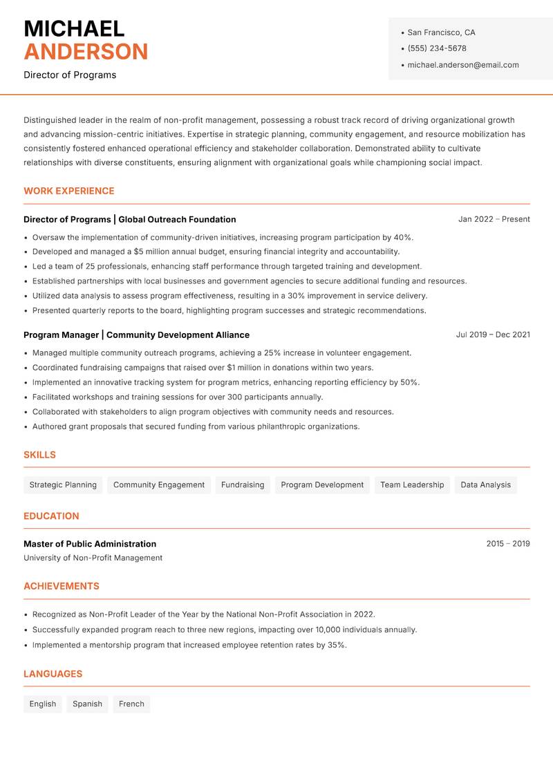 Director of Non-Profit Management resume template — Modern Professional