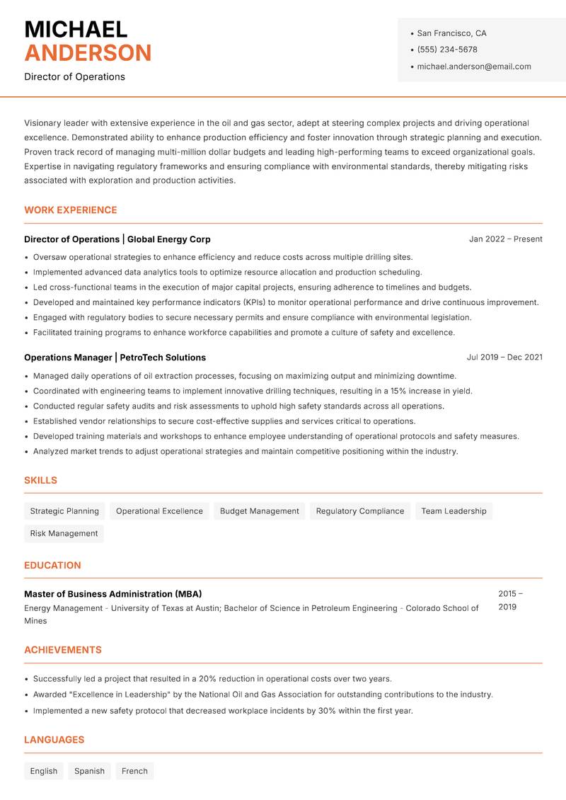 Director of Oil and Gas resume template — Modern Professional