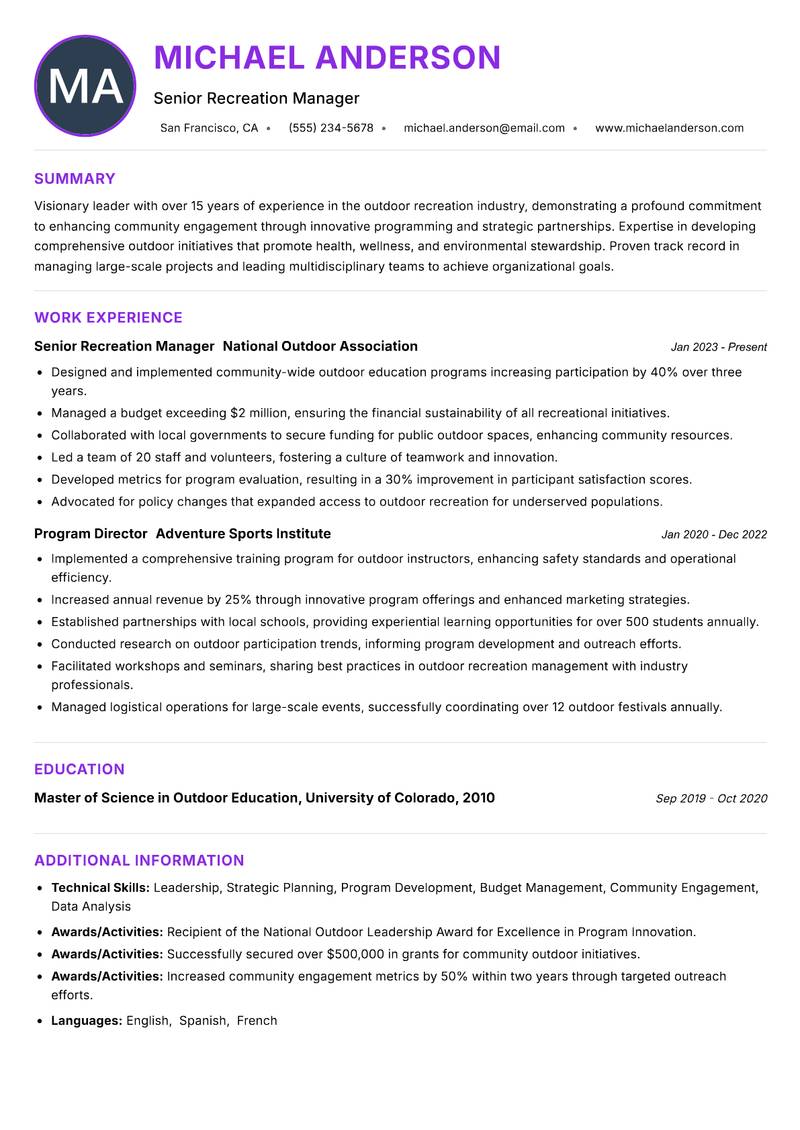 Director of Outdoor Recreation resume example — ATS-friendly template