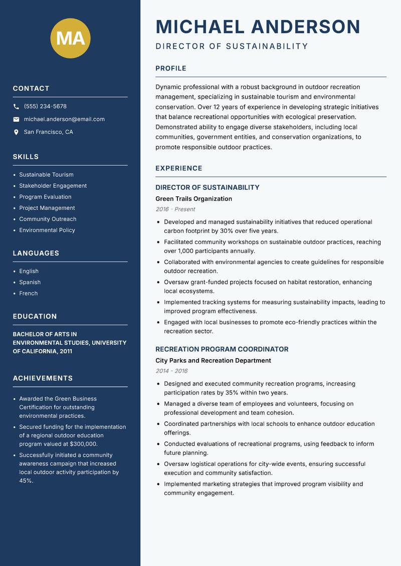 Director of Outdoor Recreation resume template — Classic Clean