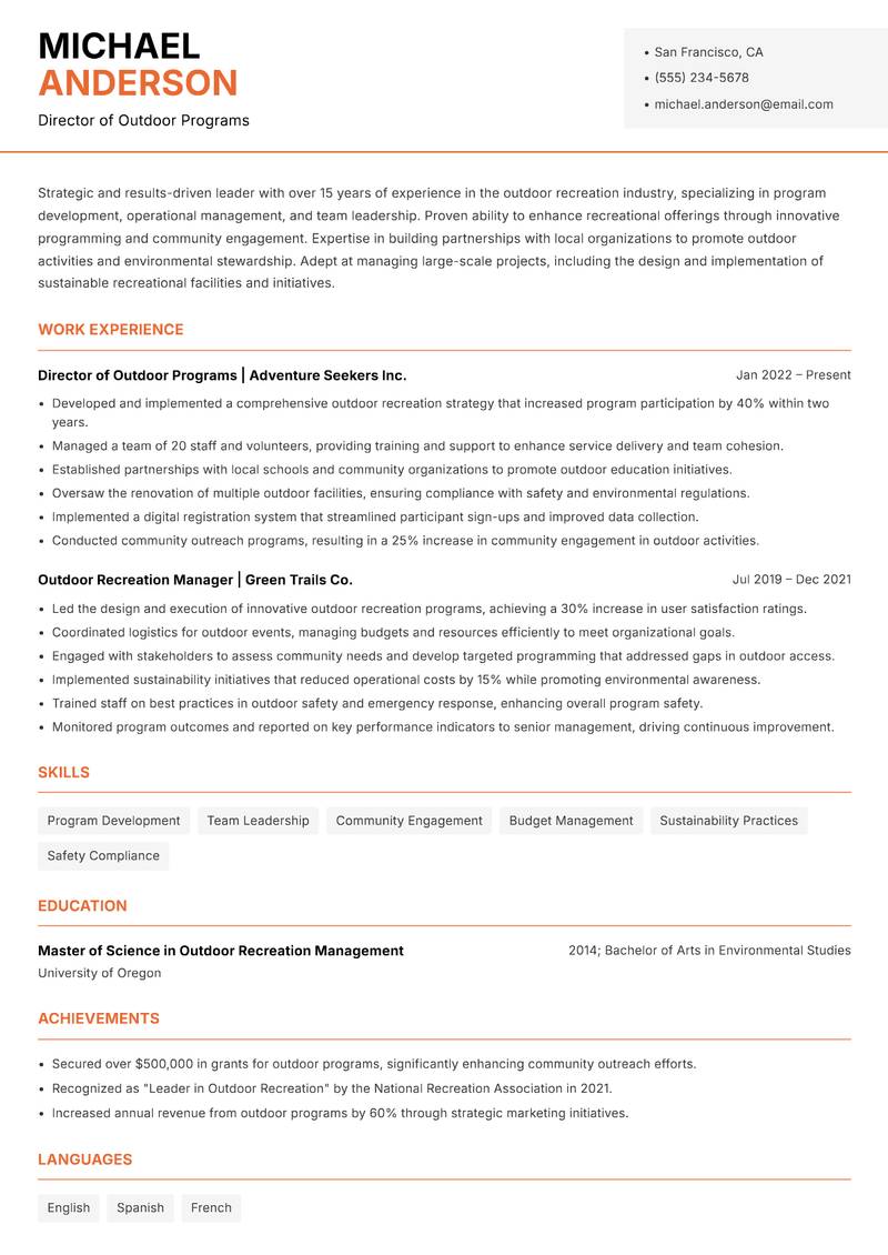 Director of Outdoor Recreation resume template — Modern Professional