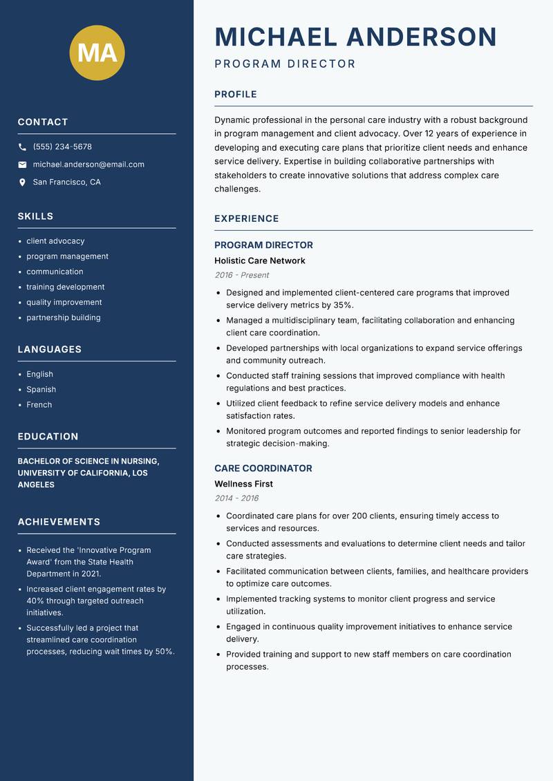 Director of Personal Care resume template — Classic Clean