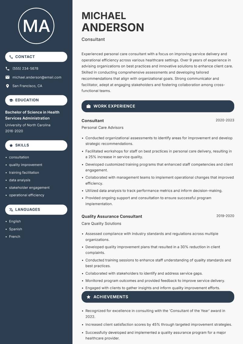 Director of Personal Care resume template — Compact