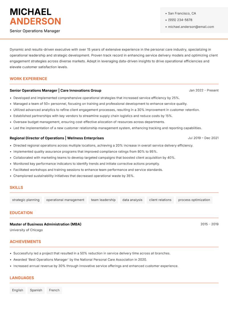 Director of Personal Care resume template — Modern Professional