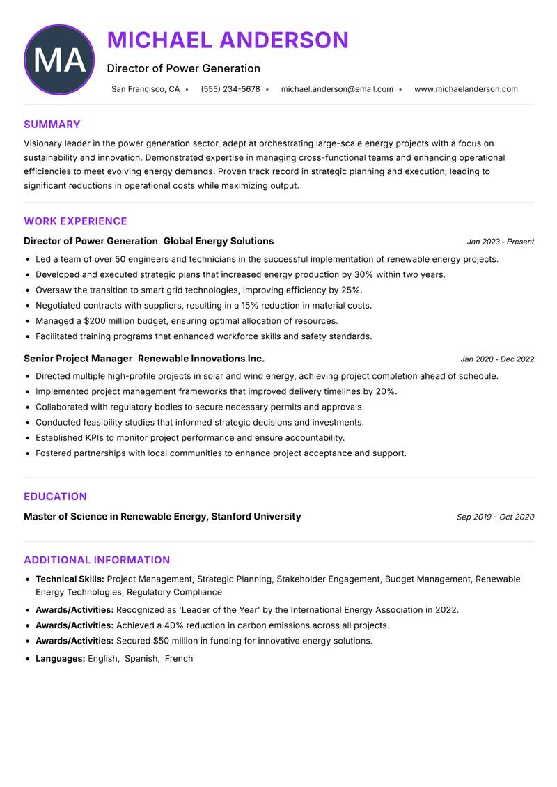 Director of Power Generation resume example — ATS-friendly template