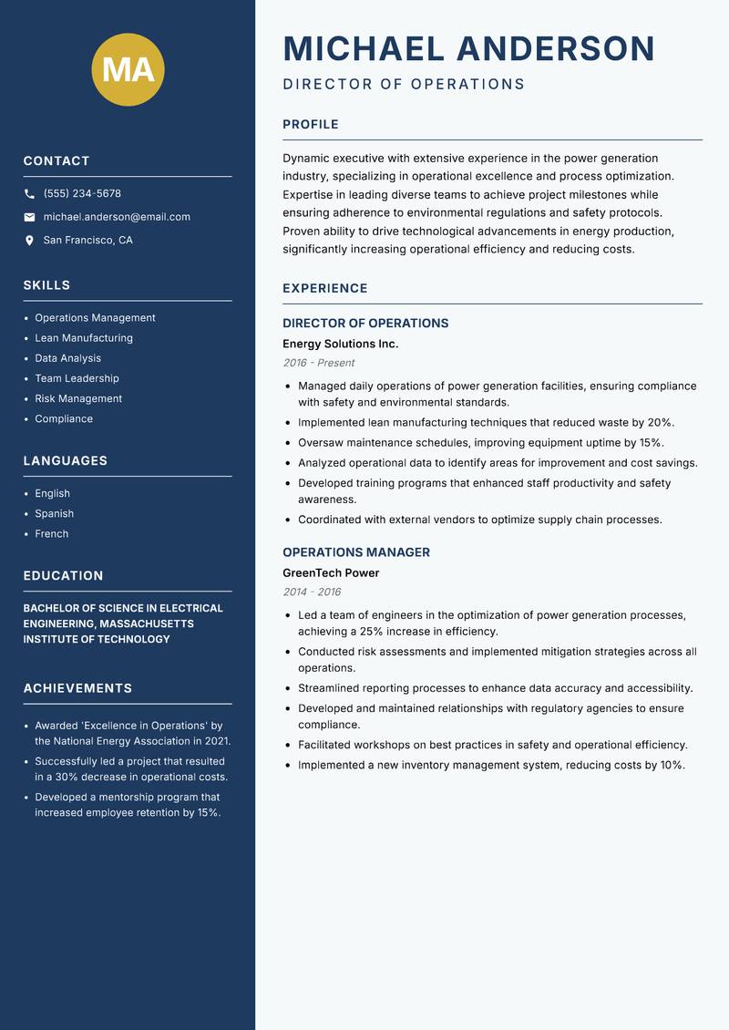 Director of Power Generation resume template — Classic Clean
