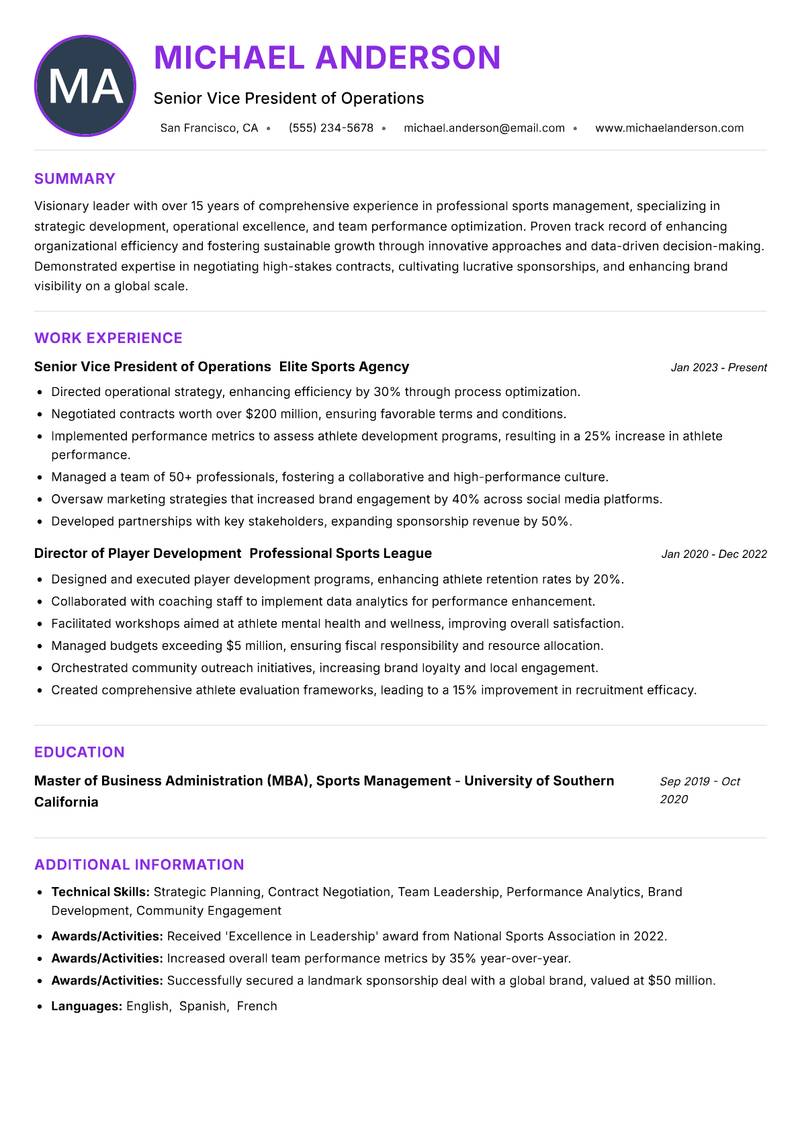 Director of Professional Sports resume example — ATS-friendly template