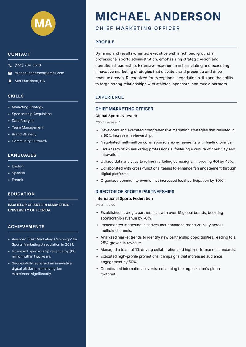 Director of Professional Sports resume template — Classic Clean