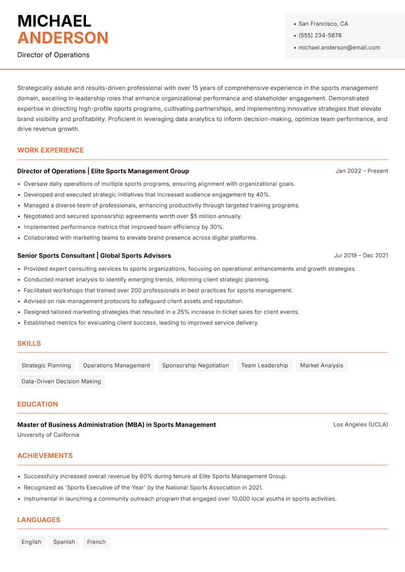 Director of Professional Sports resume template — Modern Professional