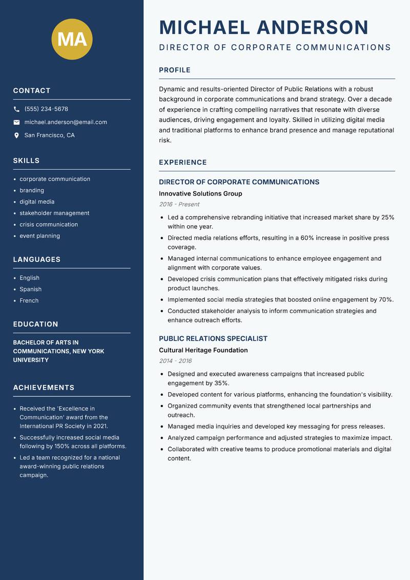 Director of Public Relations resume template — Classic Clean