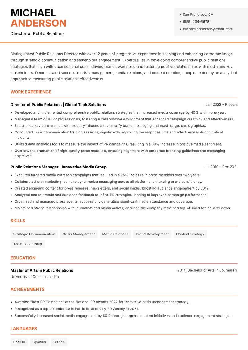 Director of Public Relations resume template — Modern Professional