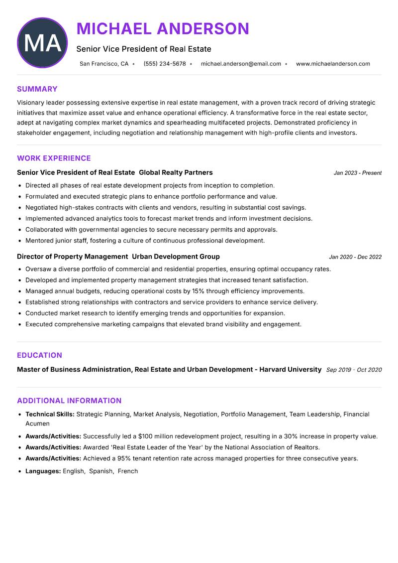 Director of Real Estate resume example — ATS-friendly template