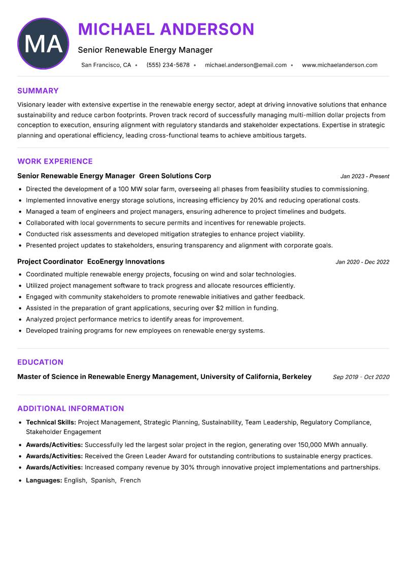 Director of Renewable Energy resume example — ATS-friendly template