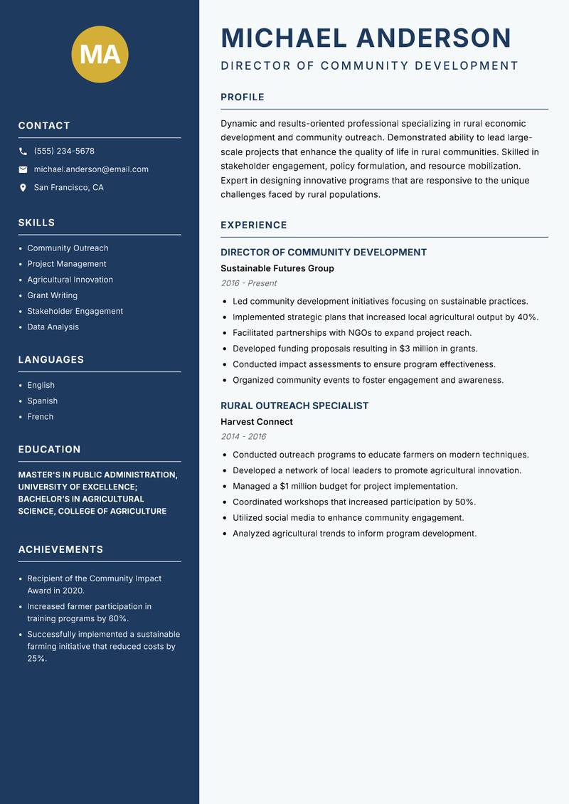 Director of Rural Development resume template — Classic Clean