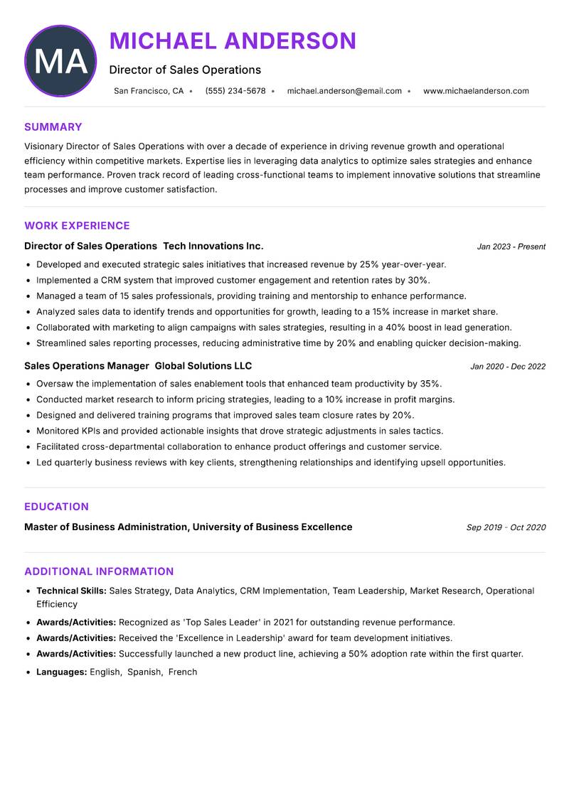 Director of Sales Operations resume example — ATS-friendly template