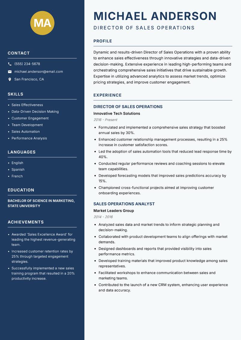 Director of Sales Operations resume template — Classic Clean