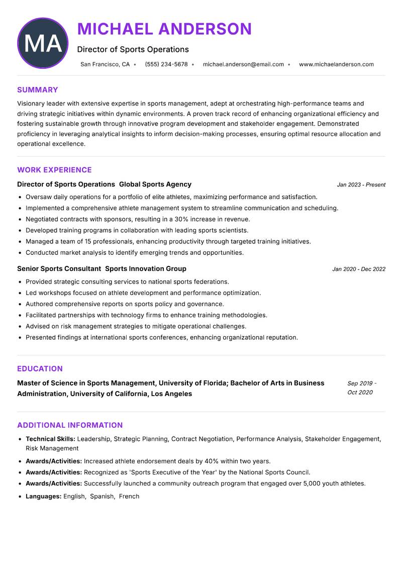 Director of Sports Management resume example — ATS-friendly template