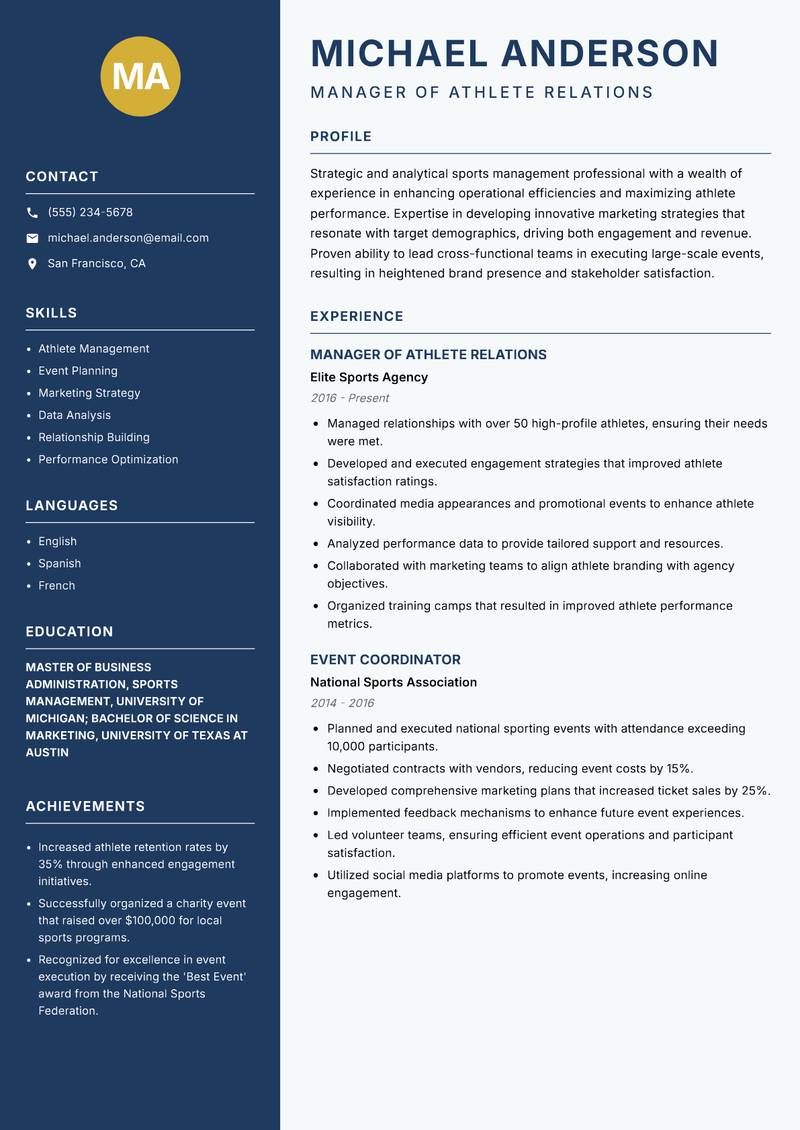 Director of Sports Management resume template — Classic Clean