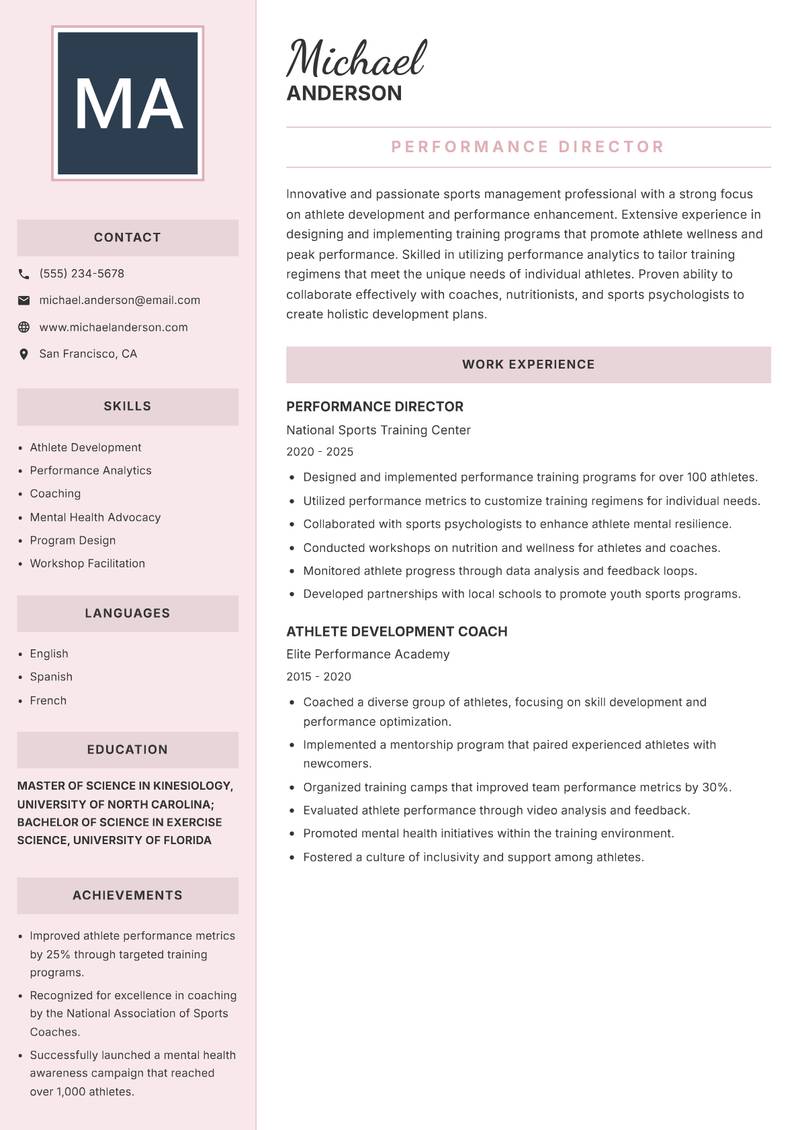 Director of Sports Management resume template — Executive