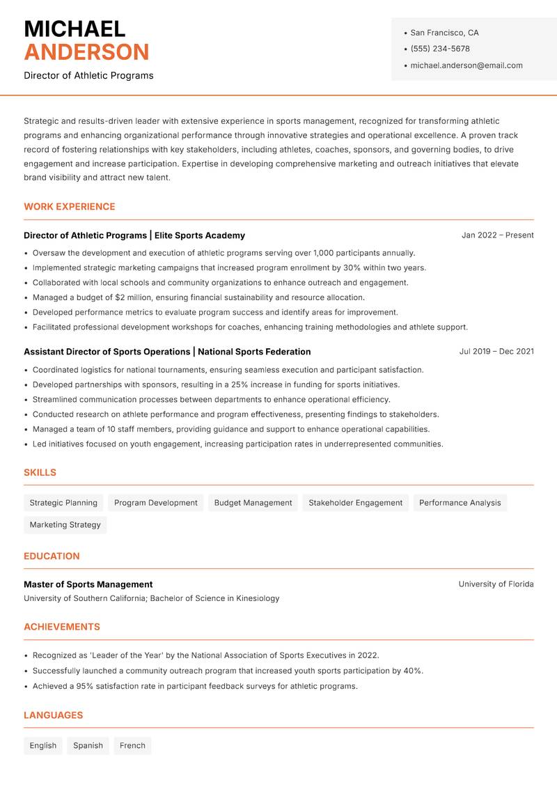Director of Sports Management resume template — Modern Professional