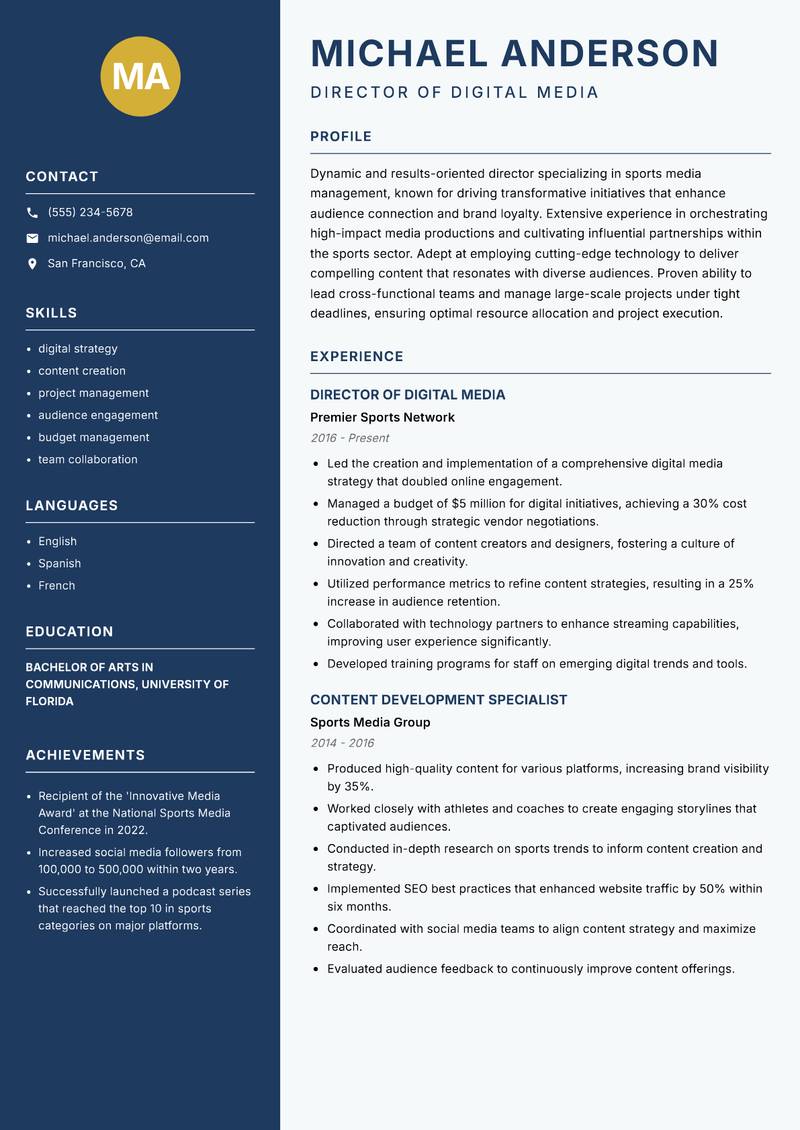 Director of Sports Media resume template — Classic Clean