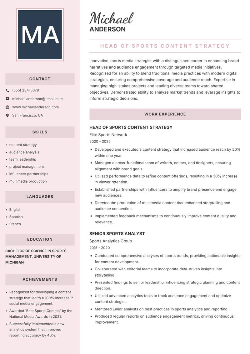 Director of Sports Media resume template — Executive