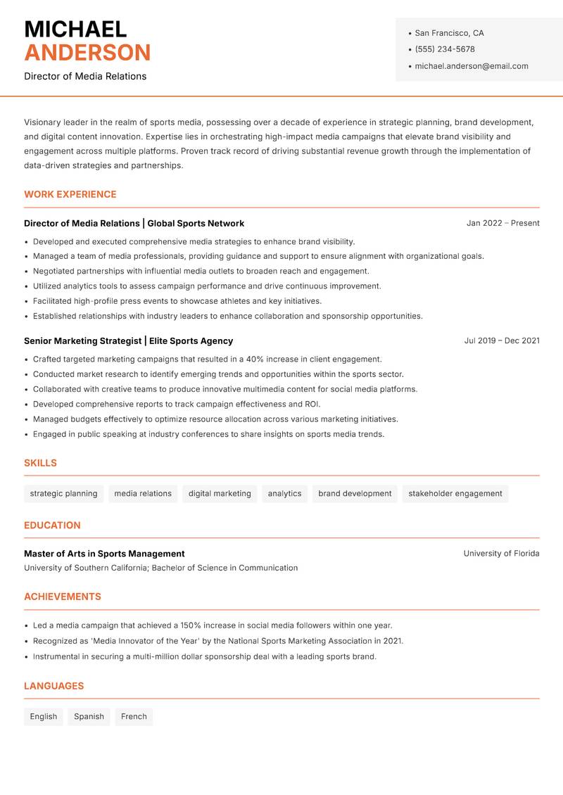 Director of Sports Media resume template — Modern Professional
