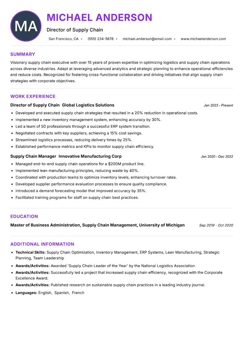 Director of Supply Chain resume example — ATS-friendly template