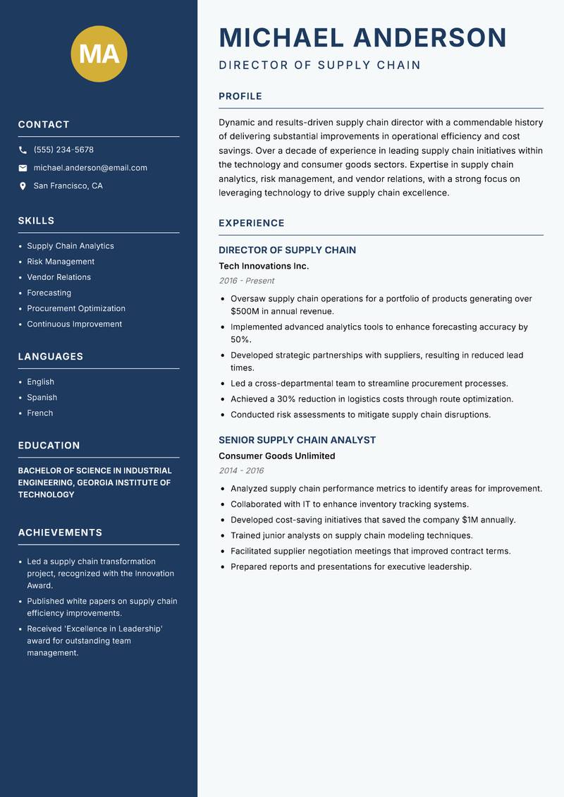 Director of Supply Chain resume template — Classic Clean