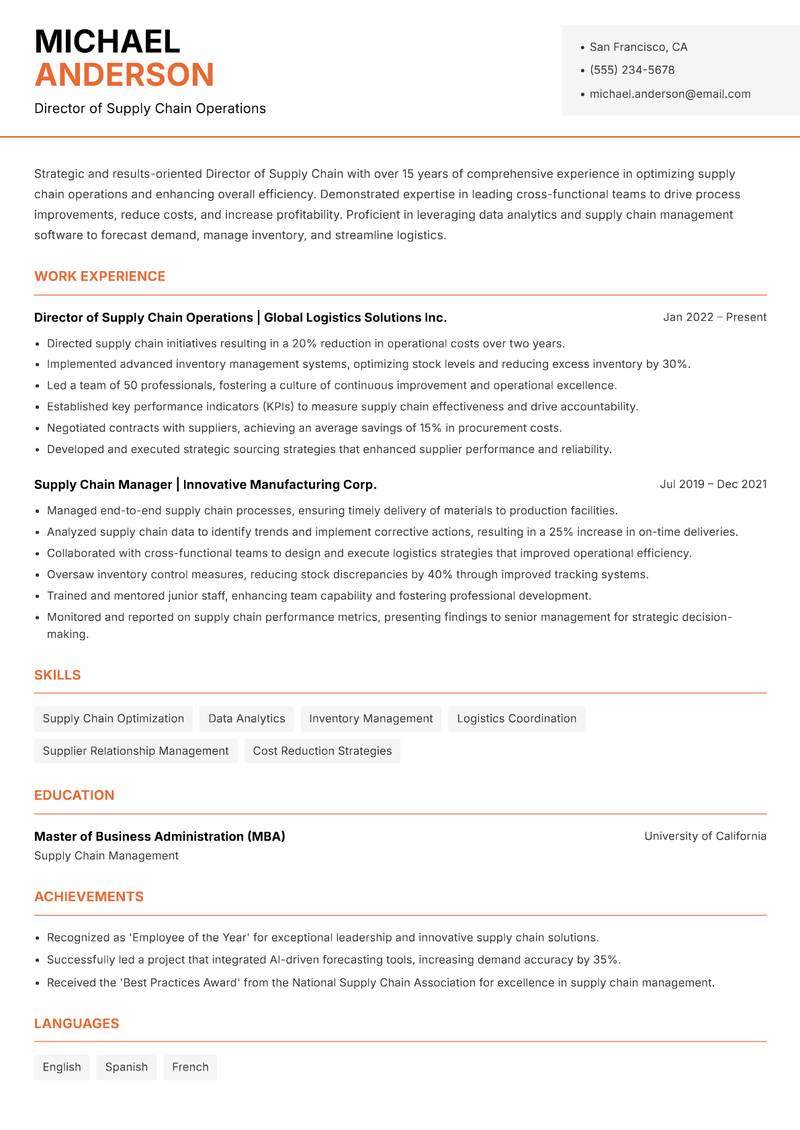 Director of Supply Chain resume template — Modern Professional