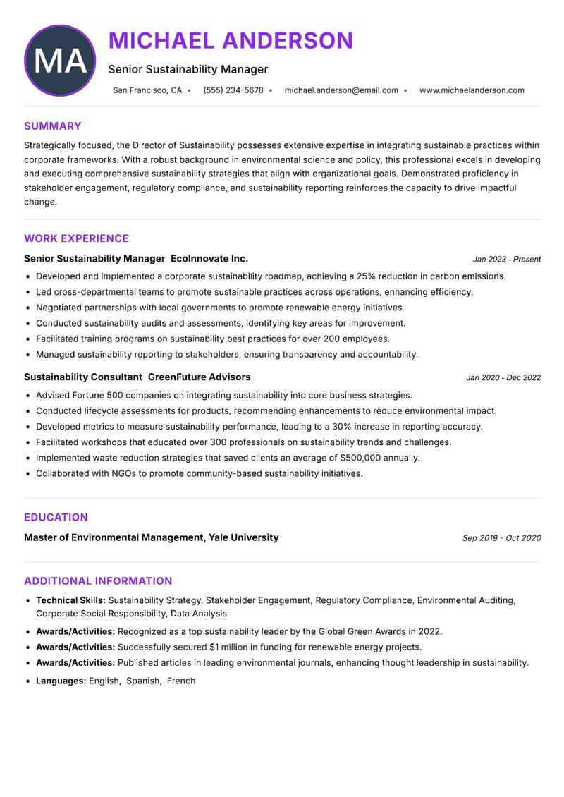 Director of Sustainability resume example — ATS-friendly template