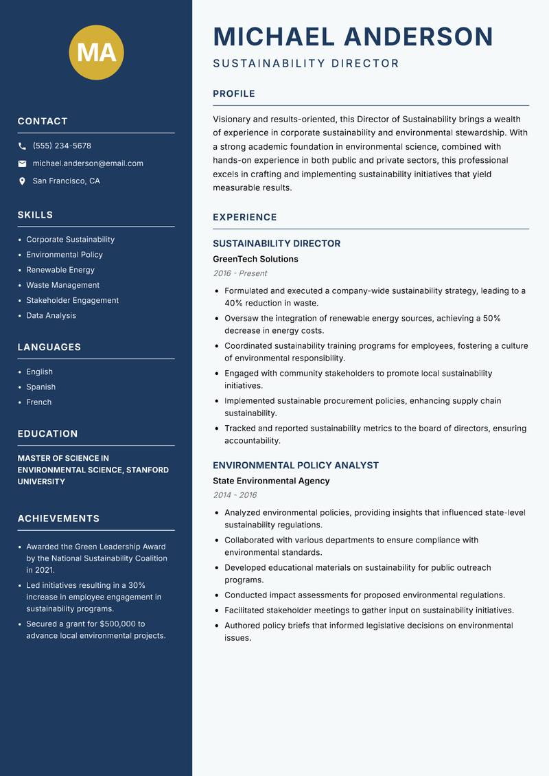 Director of Sustainability resume template — Classic Clean