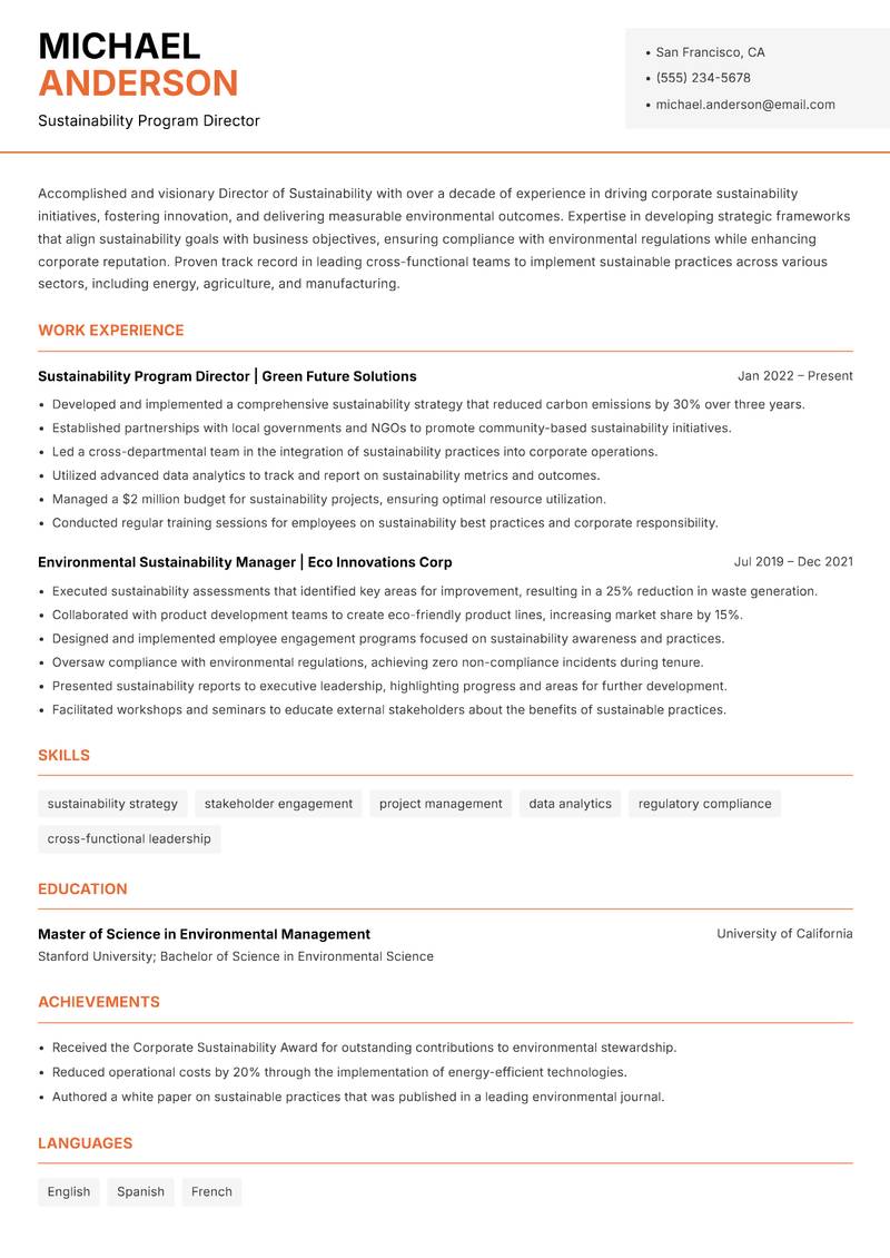 Director of Sustainability resume template — Modern Professional