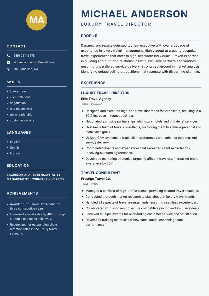 Director of Tourism resume template — Classic Clean