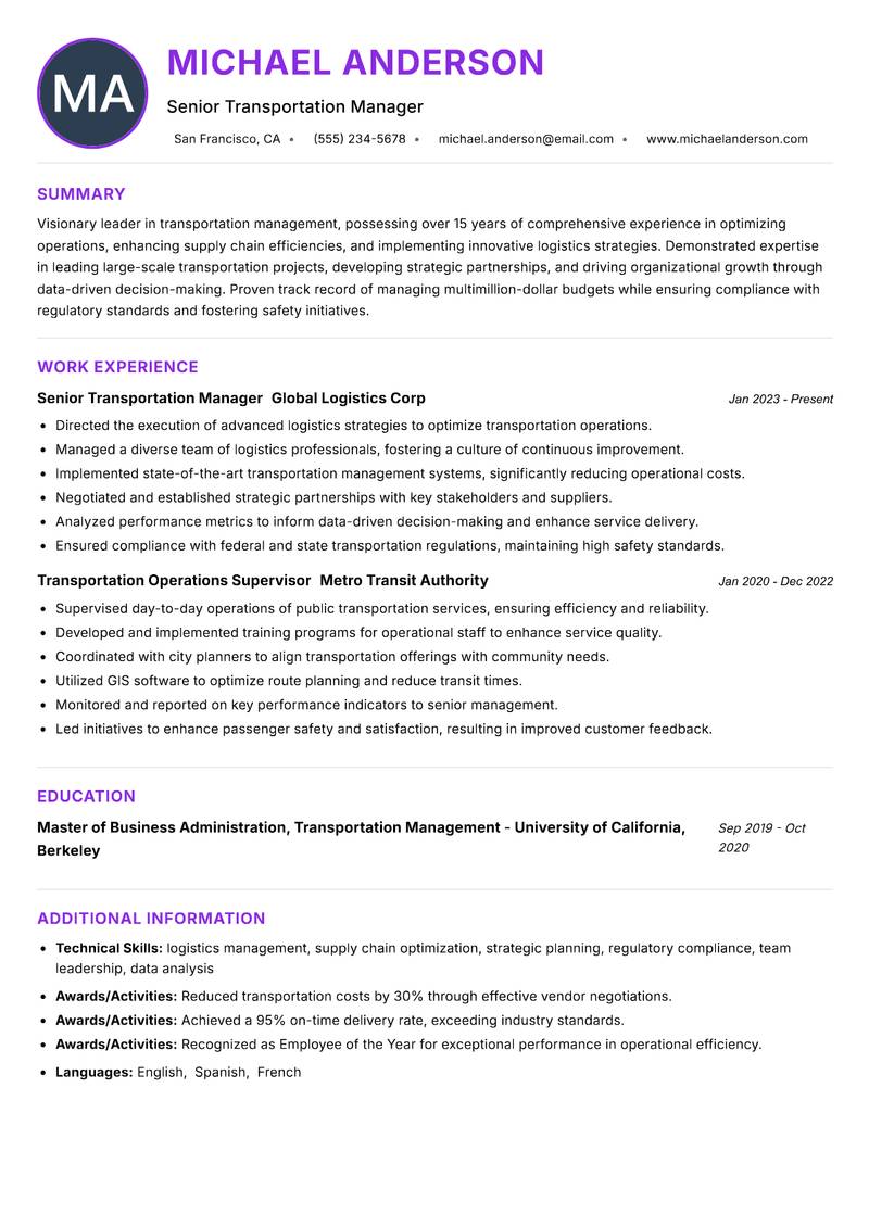 Director of Transportation resume example — ATS-friendly template