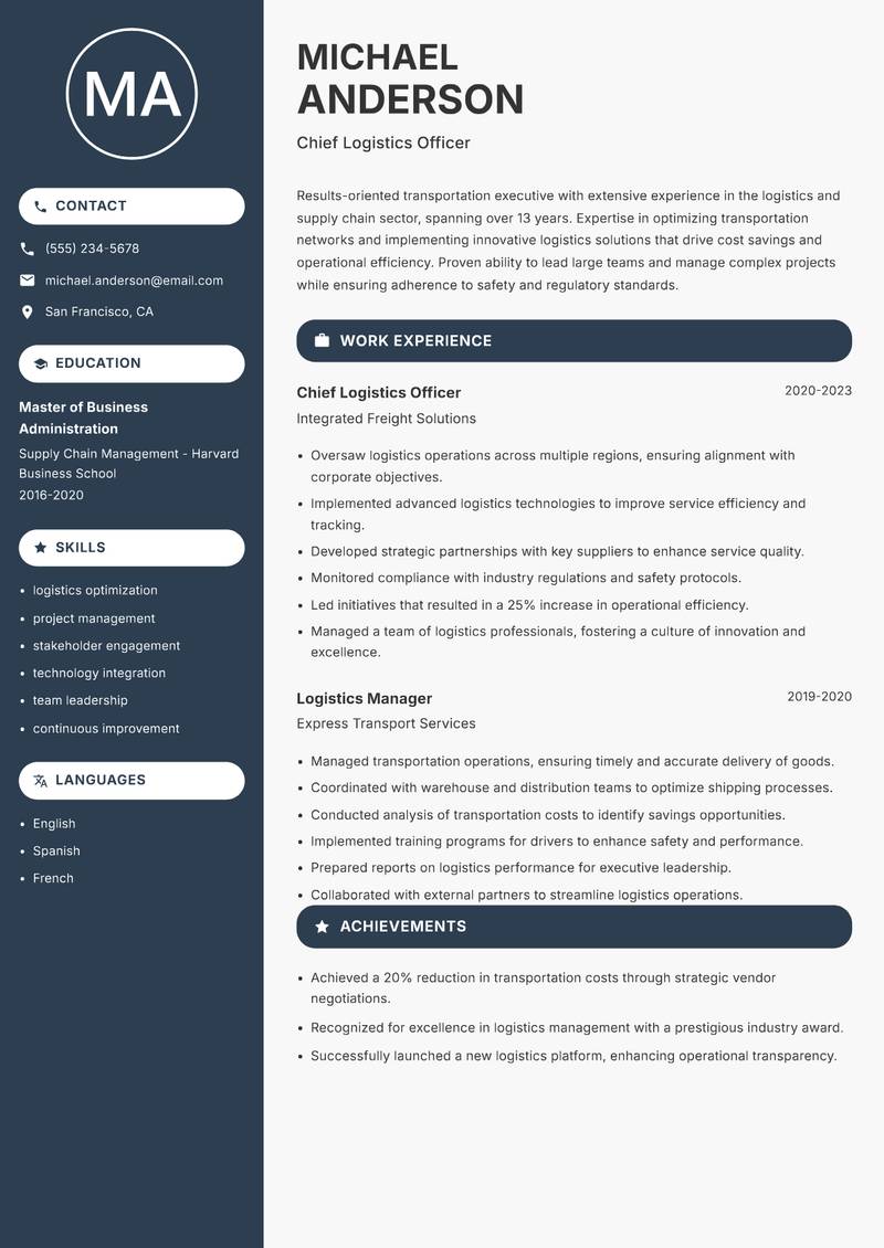 Director of Transportation resume template — Compact