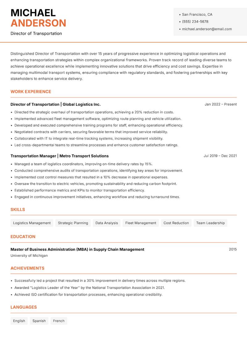 Director of Transportation resume template — Modern Professional