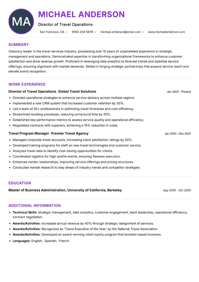 Director of Travel Services resume example — ATS-friendly template