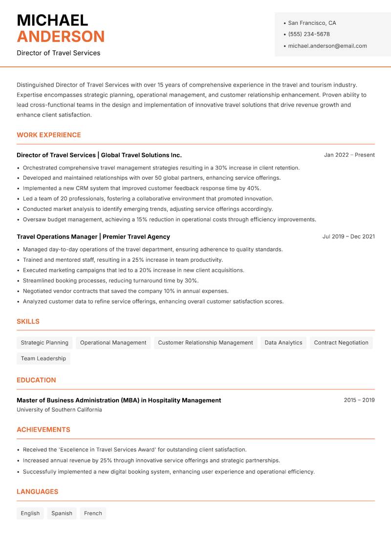 Director of Travel Services resume template — Modern Professional