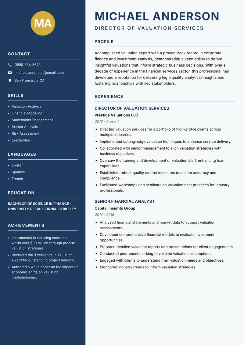 Director of Valuation resume template — Classic Clean