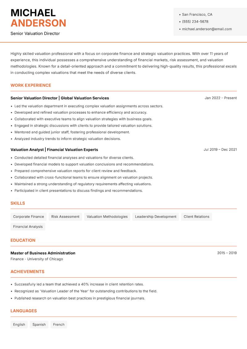 Director of Valuation resume template — Modern Professional