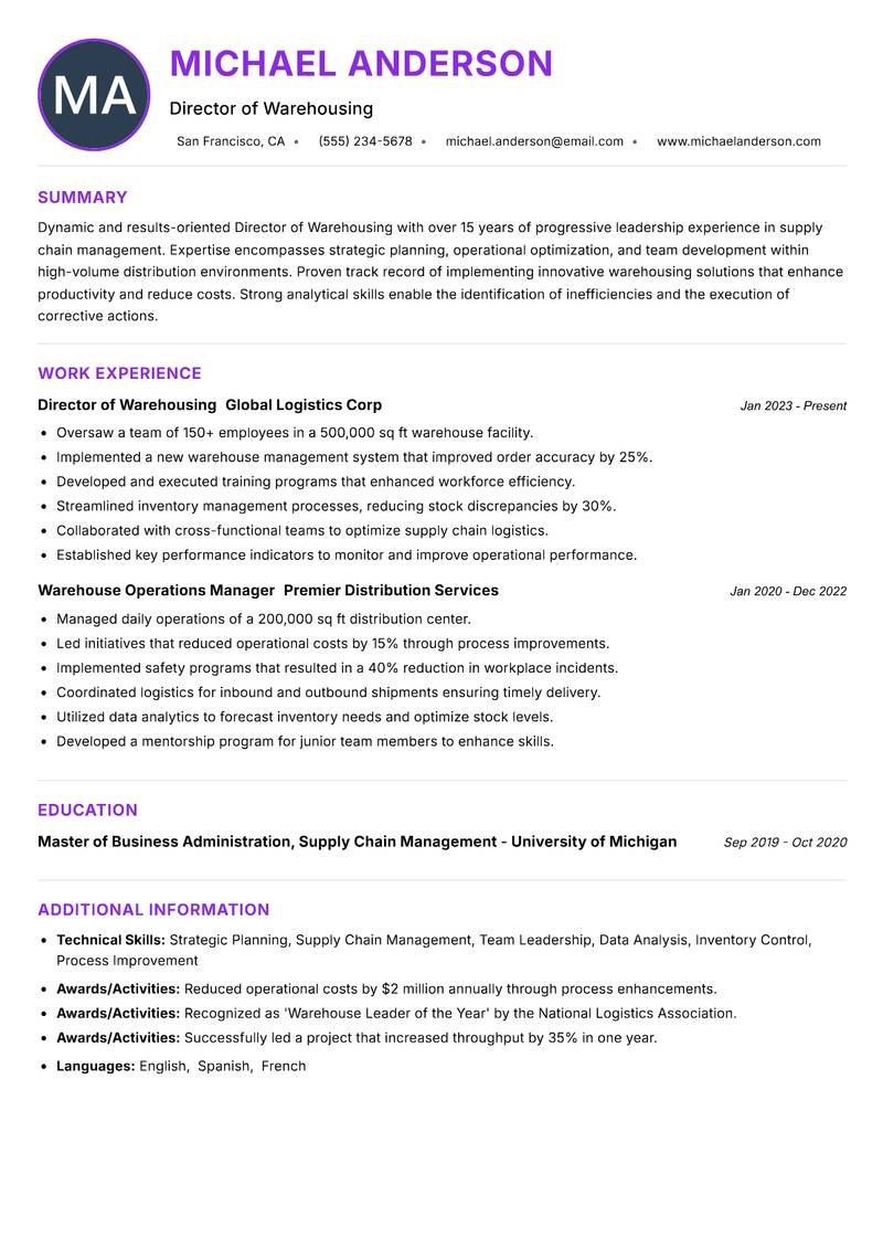 Director of Warehousing resume example — ATS-friendly template