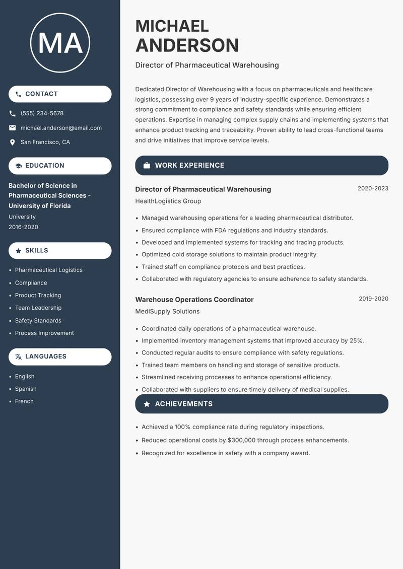 Director of Warehousing resume template — Compact