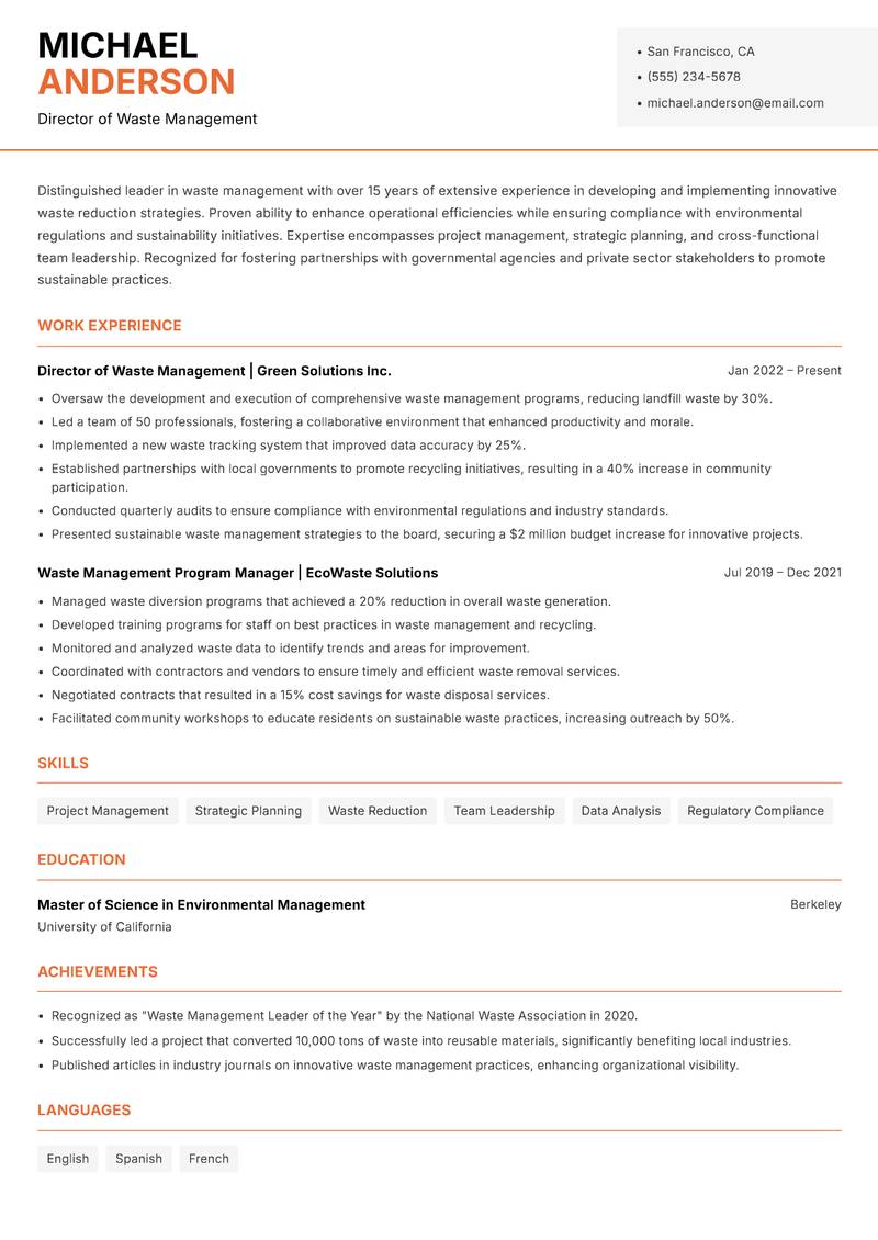 Director of Waste Management resume template — Modern Professional