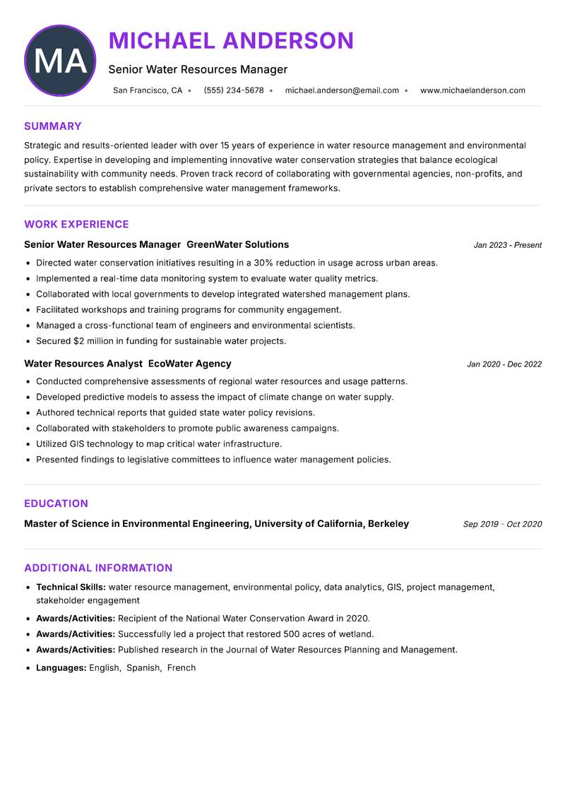 Director of Water Resources resume example — Water Resources