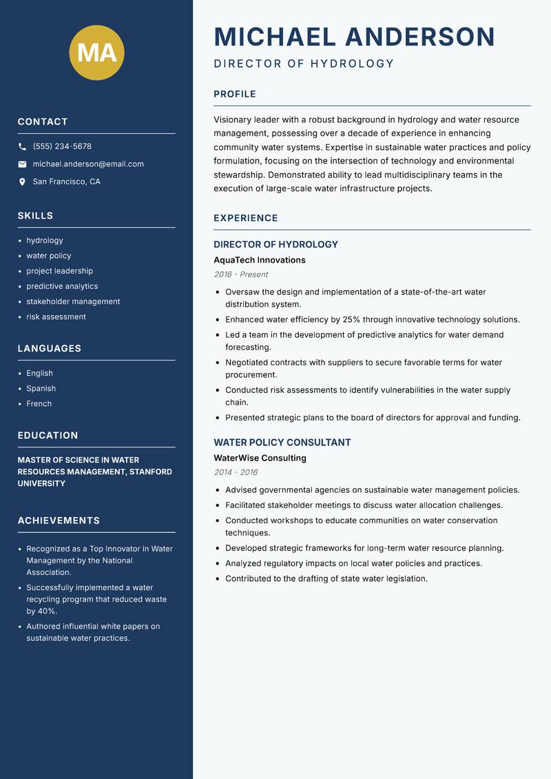 Director of Water Resources resume template — Classic Clean