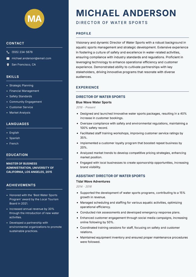 Director of Water Sports resume template — Classic Clean