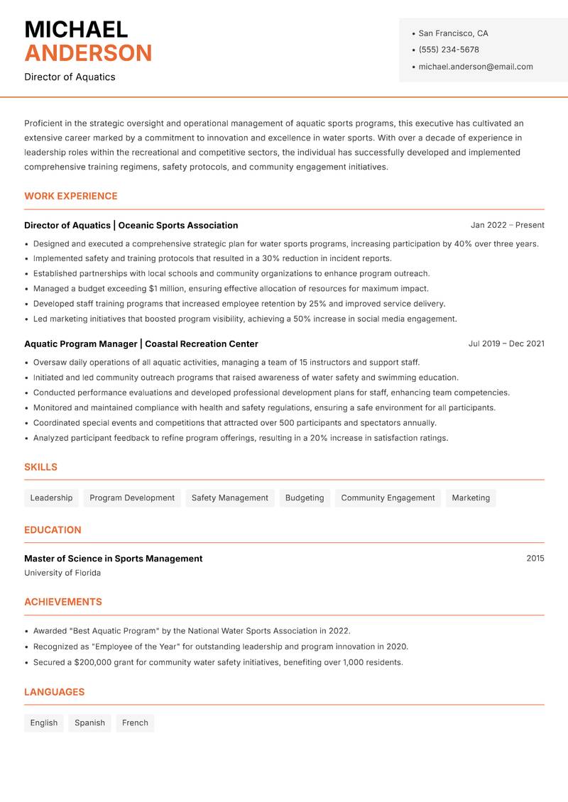 Director of Water Sports resume template — Modern Professional