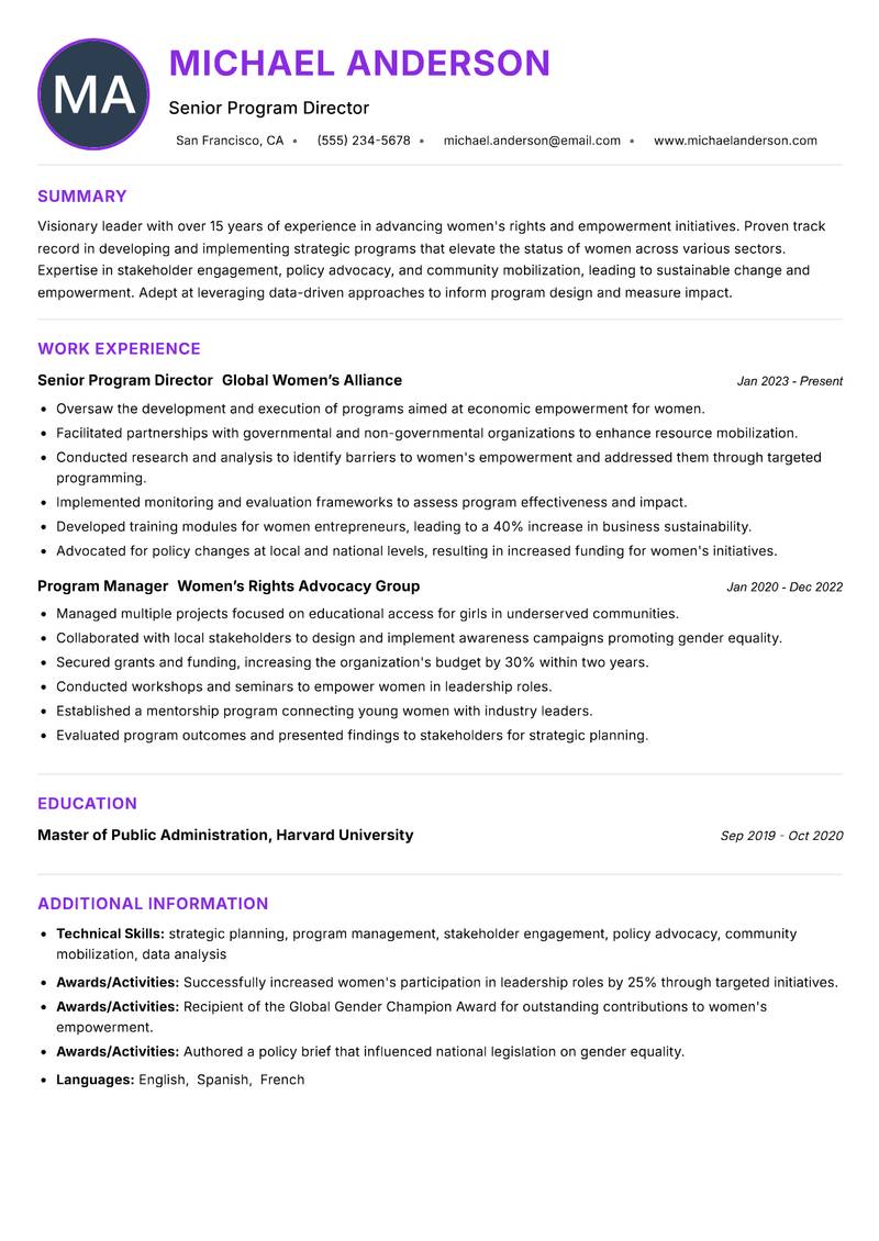 Director of Women Empowerment resume example — Women Empowerment